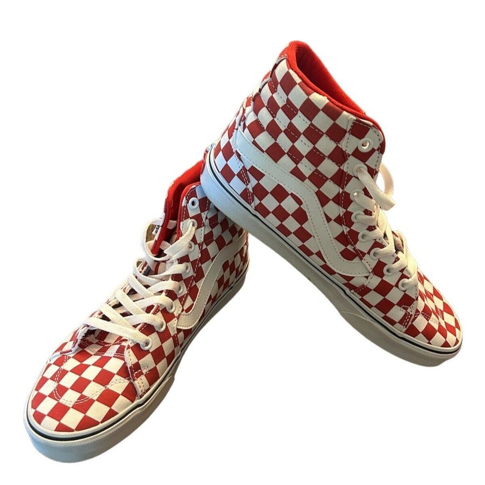 Vans Red and White Checkerboard High-Top Athletic Sneakers